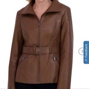 Kenneth Cole Brown Leather Belted Zip Jacket